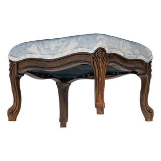 Antique French Footstool, Hand Carved, Upholstered in Italian Damask For Sale
