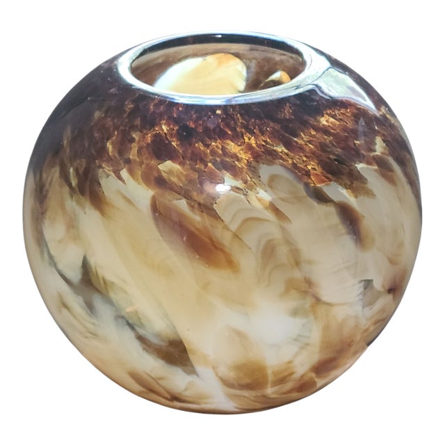 Vintage Italian Hand Blown Art Glass Amber Tan Brown Color Rose Bowl Vase For Sale