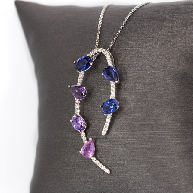 2020s 14k White Gold Ombre Purple Sapphire Pendant With Natural Diamonds For Sale - Image 5 of 8