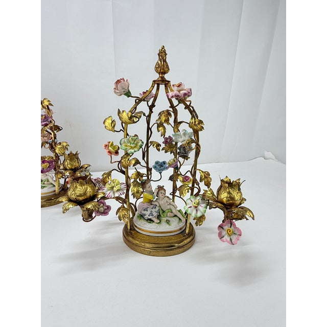 Pair, Antique French Rococo Bronze Vine & Porcelain Floral Candleabra ...