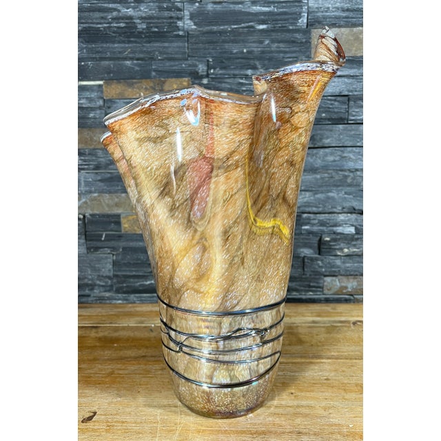 Iridescent Art Glass Gold Tan Handkerchief Vase For Sale - Image 11 of 12