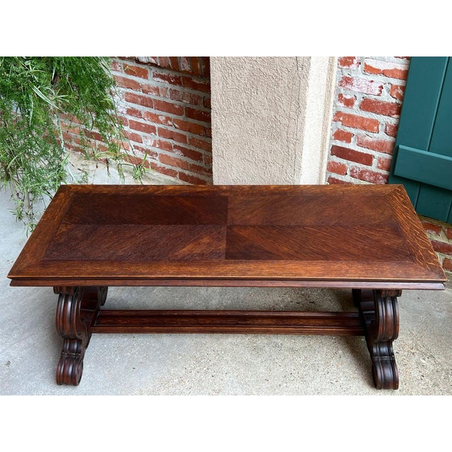 Antique French Coffee Table Carved Oak Bench Baroque Window Hall Seat C1900. For Sale - Image 4 of 18