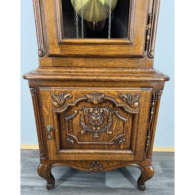 Vintage French Longcase Grandfather Clock in Oak For Sale - Image 4 of 11