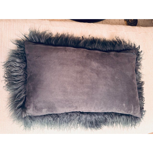 Curly Mongolian Lamb–Style Lumbar Pillow in Teal Blue-Gray For Sale - Image 4 of 5