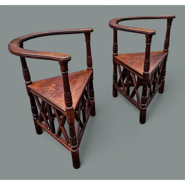 Traditional Pair of Antique Oak X Trestle Corner Armchairs in the Manner of Josef Hoffmann For Sale - Image 3 of 10