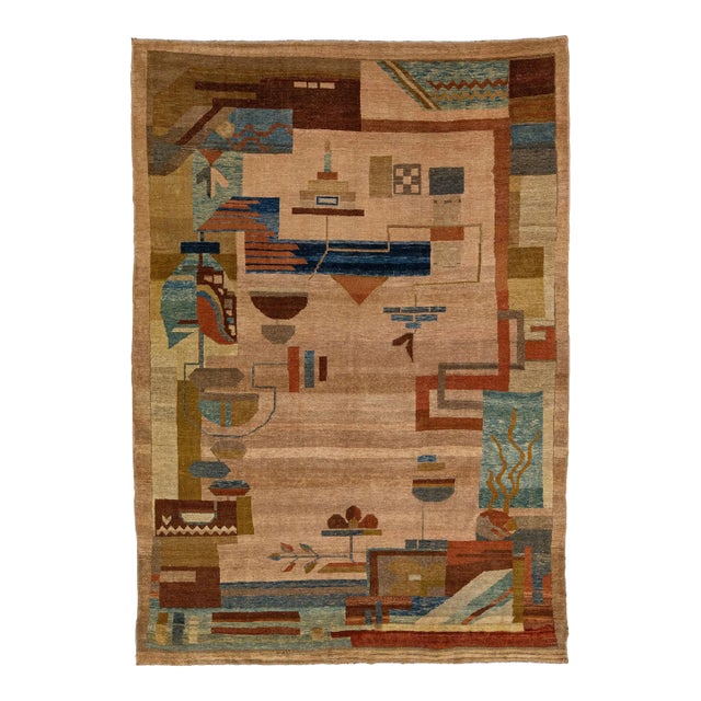 1960s Handmade Vintage Arts & Crafts Brown Wool Rug With Allover Motif For Sale