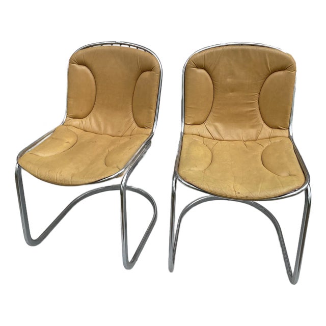 Vintage 1970s Space Age Chairs Chromed Steel Leather Gastone Rinaldi Attributed Italy Set of 2 For Sale