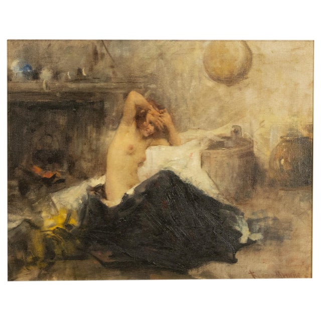 Antique Italian Realism Verismo Oil on Canvas Painting Female Nude Ex-Christie's by Antonio Mancini, 1890 For Sale - Image 4 of 18
