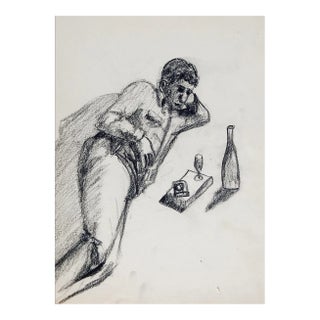 Vintage Mid Century Man & Wine Charcoal Drawing For Sale