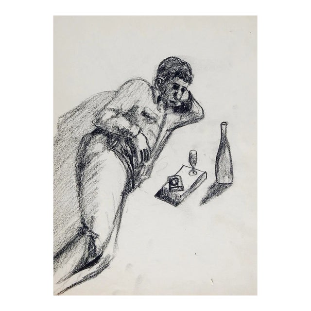 Vintage Mid Century Man & Wine Charcoal Drawing For Sale