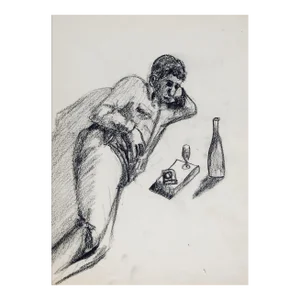 Vintage Mid Century Man & Wine Charcoal Drawing