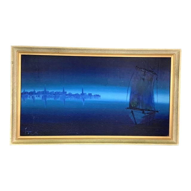 MCM Original Oil Painting Sailboat Harbor Signed Tros Moret Label Vintage Monochromatic 1960s/70s For Sale