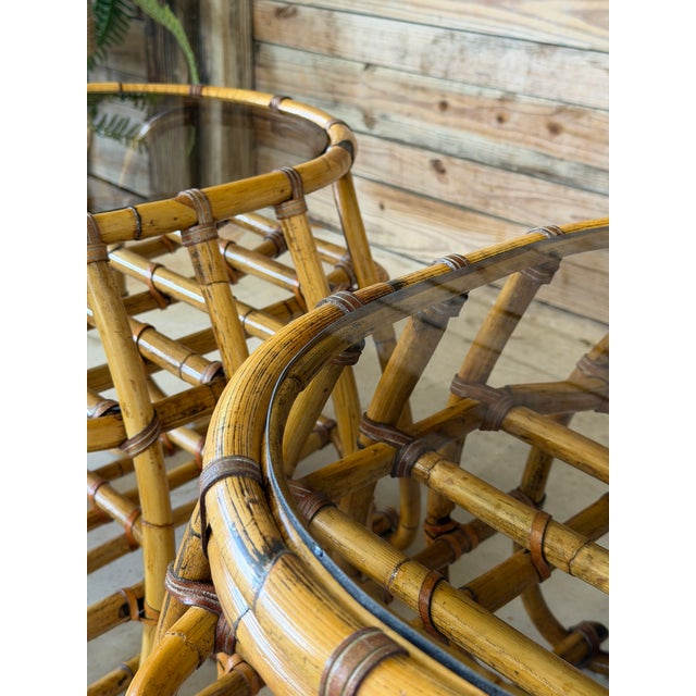 Mid 20th Century Pair Vintage Organic Modern Bent Rattan Side Tables With Smoked Glass For Sale - Image 5 of 12
