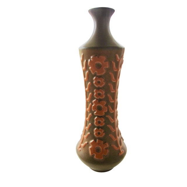 Mid-Century Modern Vintage Hyalyn Mid Century Tall Pottery Vase Orange Floral Scandinavian Influence For Sale - Image 3 of 8