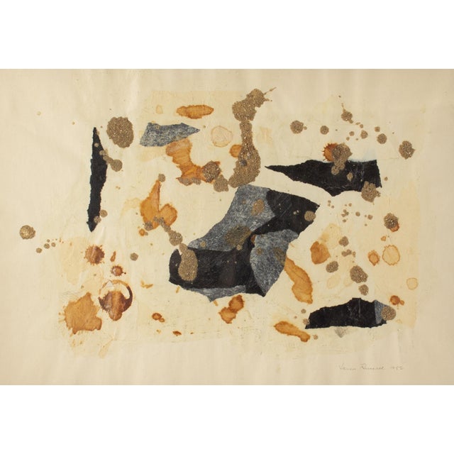 A 1958 mixed media collage by the American artist James Spencer Russell (1915-2000). This abstract collage creates an...