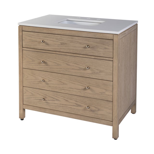 Traditional Nora 36 in. W Quartz and Wood Single Sink 3 Drawer Bathroom Vanity Set, Light Oak For Sale - Image 3 of 11