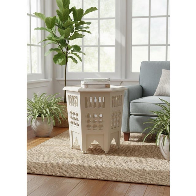 Contemporary Moroccan Octagonal Hand-Carved White Inlaid Side Table For Sale - Image 9 of 9