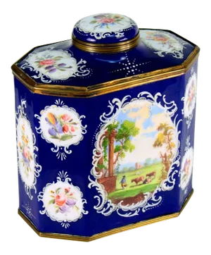 1700-1760 English Battersea Enamel Pastoral Scene Bilston Tea Caddy