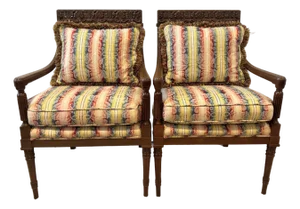 1980s Baker Furniture Louis LXI Style "Tropical" Lounge Chairs W/Carved Backrest - Pair