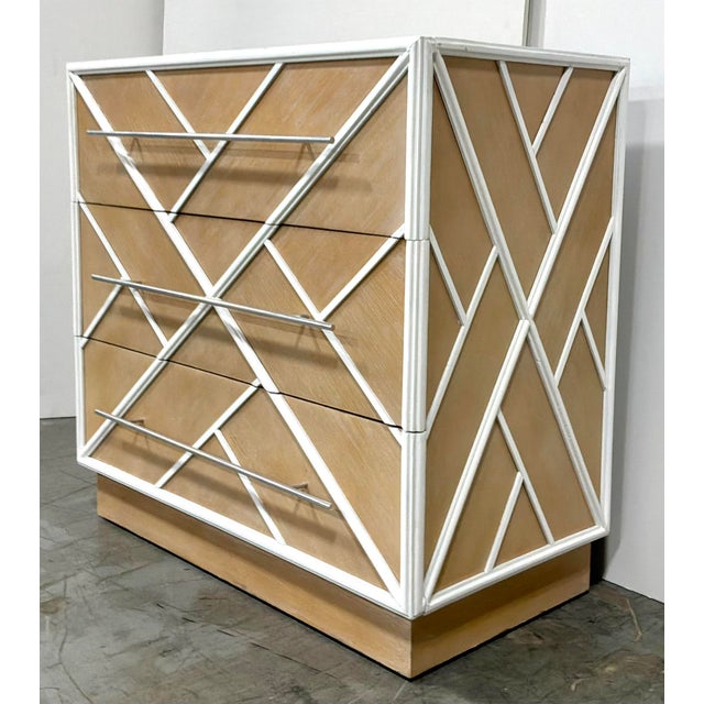 Stylish Modern Chippendale Tan and White Chest of Drawers, elongated polished nickel pulls, showroom floor sample