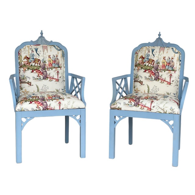 1980s Pair Newly Upholstered Blue Chinese Chippendale Chairs in Schumacher Tientsin Toile For Sale - Image 17 of 17