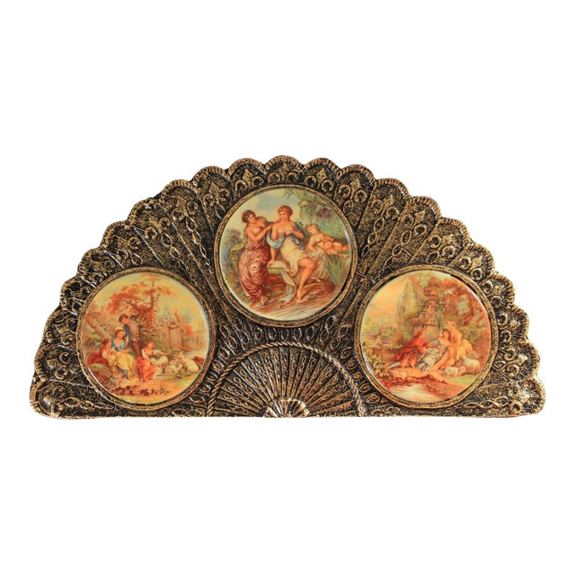 Vintage Gold Plated Wall Art Hand Fan Victorian Porcelain Cameos For Sale