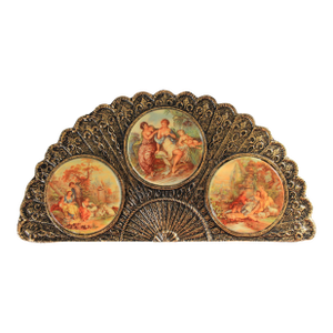 Vintage Gold Plated Wall Art Hand Fan Victorian Porcelain Cameos