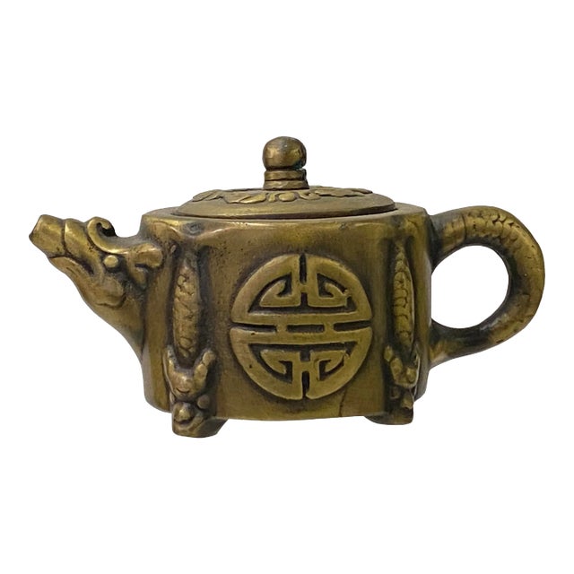 Asian Cast Metal Bronze Color Dragon Accent Teapot Shape Figure Art For Sale