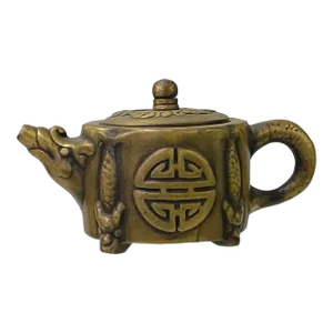 Asian Cast Metal Bronze Color Dragon Accent Teapot Shape Figure Art