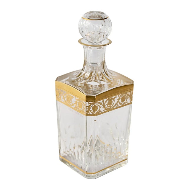 French Saint Louis crystal whiskey carafe/decanter decorated with gold pattern from "Thistle" series. Very good condition.