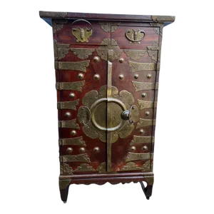 Antique Chinoiserie Style Mahogany Tansu 2 Door Chest. Dowry Cabinet, Engraved Brass Hardware