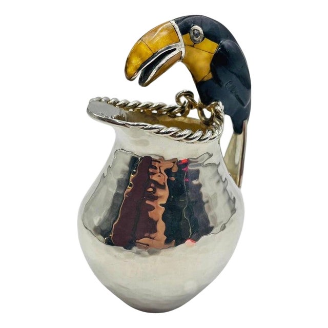 Emilia Castillo Silver-Plated Toucan Creamer With Onyx & Jasper, Mexico 1980's For Sale
