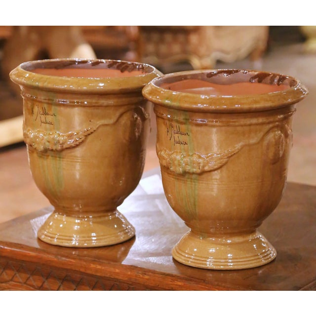 Pair of French Anduze Terracotta Planters in Ochre Glaze Signed La Madeleine For Sale - Image 4 of 9