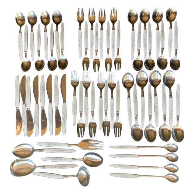 1960s Kaysons Lily of the Valley Stainless Golden Rhapsody Flatware Japan - 57 pcs For Sale