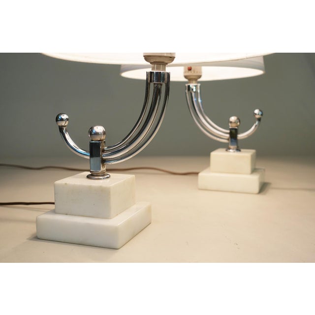 Chrome 1930s Art Deco Streamline Moderne Stepped Marble Chrome Table Lamps by Donald Deskey - a Pair For Sale - Image 8 of 12