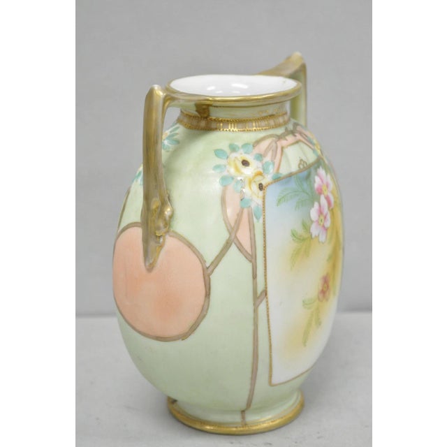 Antique Nippon Art Nouveau Hand Painted Porcelain Pink Flower Twin Handle Vase For Sale - Image 9 of 14