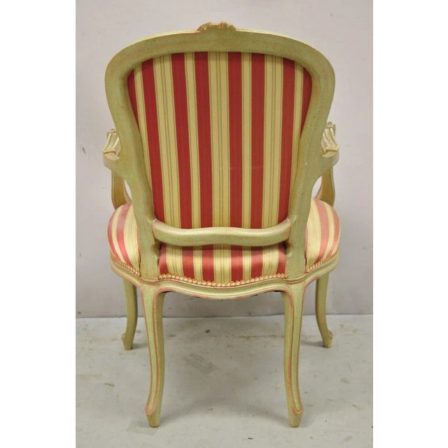 Vtg French Louis XV Style Green & Pink Painted Arm Chair Fauteuil Striped Fabric For Sale - Image 10 of 13