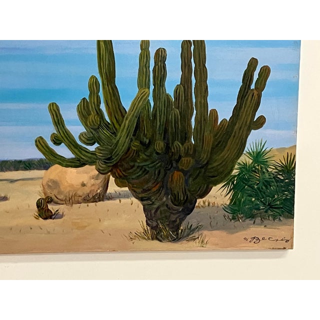 Cerulean Large Desert Landscape Painting by Becrio, 1990 – Monumental Cactus Scene, 40” X 30” For Sale - Image 8 of 12