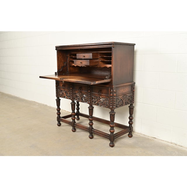 Lifetime Furniture Antique English Jacobean Carved Oak Drop Front Secretary Desk, Circa 1920s For Sale In South Bend - Image 6 of 16