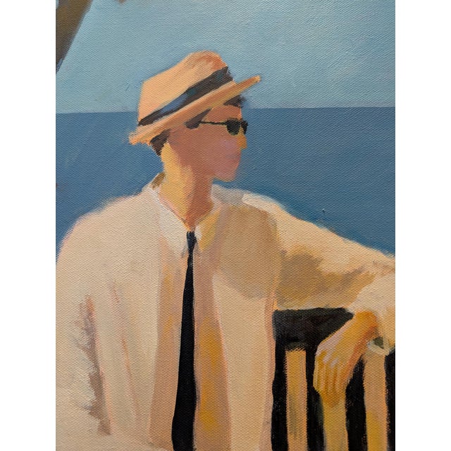 Vintage couple by the water sitting and talking. They are on a first date. This is a 24x30" Oil painting by Paul Scaturro...