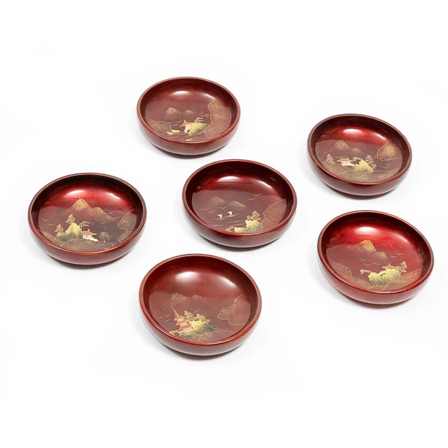 Mid-Century Modern Mid Century Modern Japanese Hand Painted Lacquerware Serving Set - 6 Bowls For Sale - Image 3 of 3