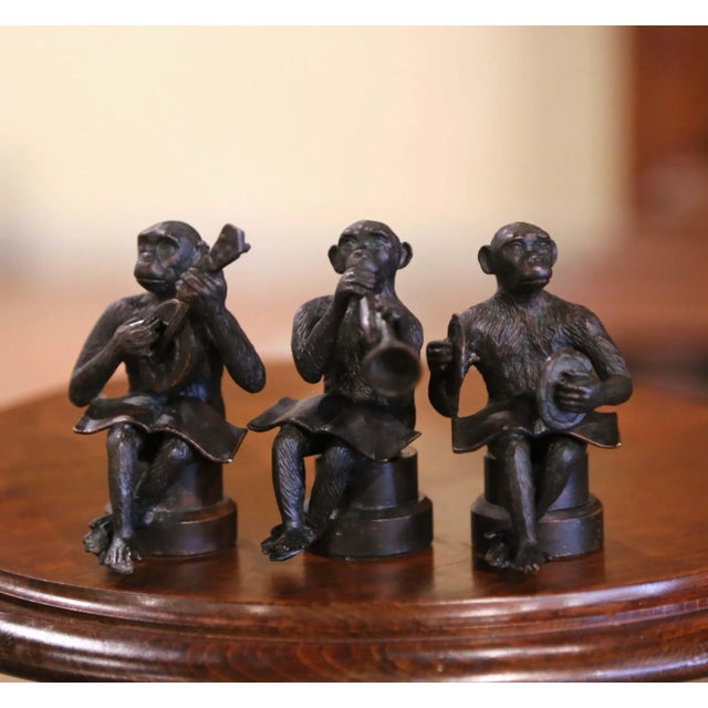 Vintage Set of Three Miniature Bronze Musician Monkeys Playing Instruments For Sale - Image 9 of 9