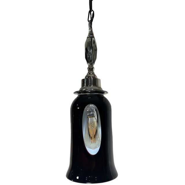 Vintage Murano Black Window Pane Art Glass Chrome Pendant Light For Sale - Image 11 of 18