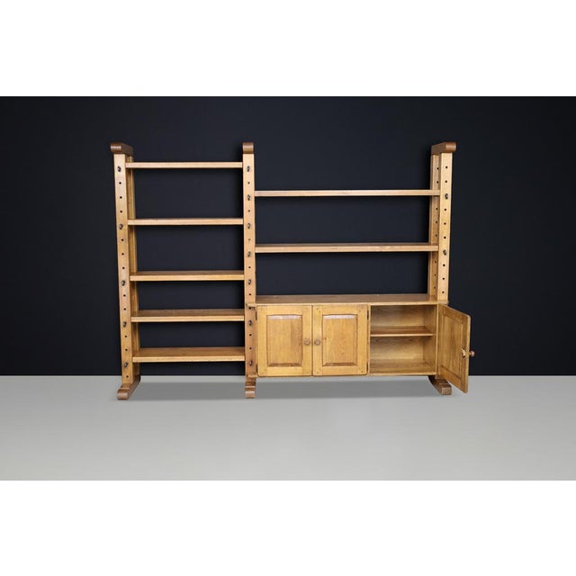 Large Brutalist Modular Shelving Unit in Oak with Metal Pegs and Cabinet, Belgium, 1960 For Sale - Image 14 of 17