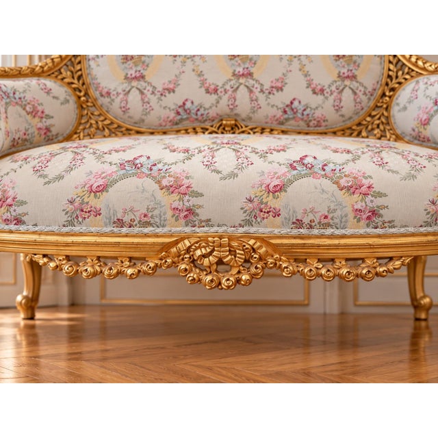 French 1970 French Artisan Louis XVI Gold Damask Settee For Sale - Image 3 of 13