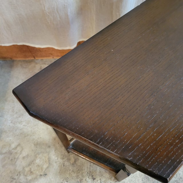 1920s English Oak Carved Drawer Front Angle Sided Table For Sale - Image 17 of 18