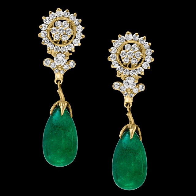 GIA Certified 28 Ct Emerald Cabochon & Diamond Drops Hanging Earrings 14 KYG For Sale - Image 17 of 18