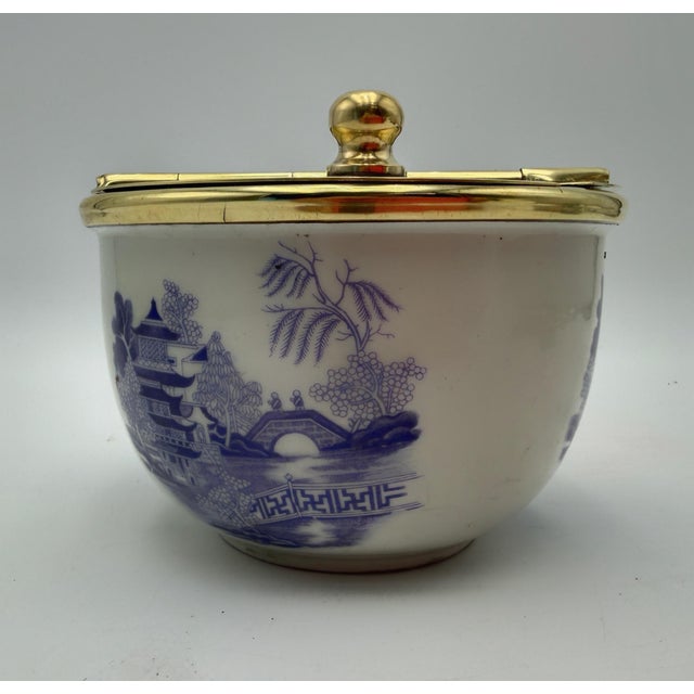 Vintage Chinoiserie Porcelain & Brass Covered Sugar Bowl For Sale - Image 10 of 11