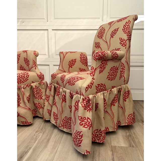Tan Pair of Vintage Skirted Swan Arm Chairs With Red Embroidered Textile For Sale - Image 8 of 15
