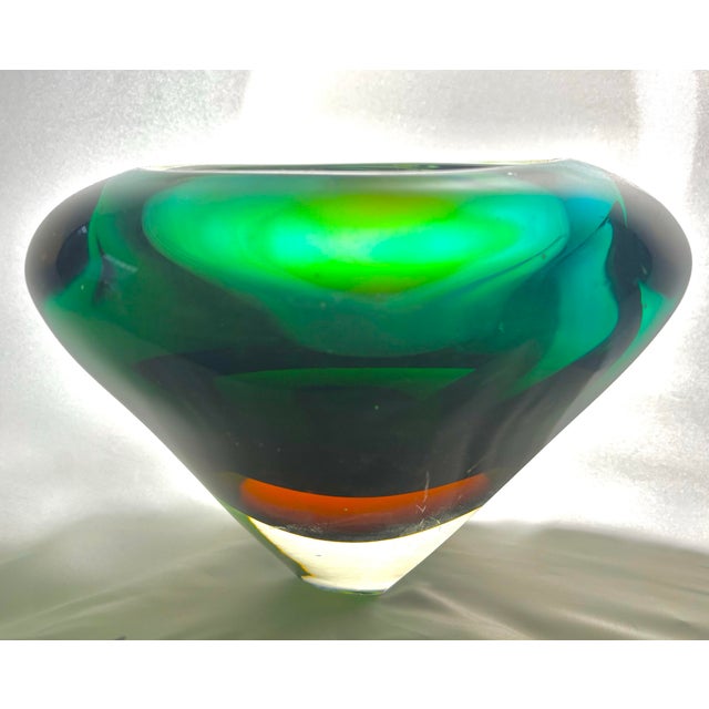Mid 20th Century Mid 20th Century Murano Sommerso Art Glass Bowl in Green, Teal and Amber For Sale - Image 5 of 12